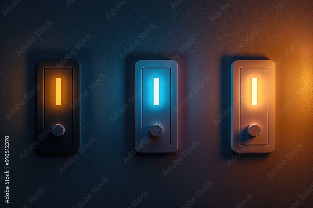 Poster a close-up of three differently colored lights installed on a wall