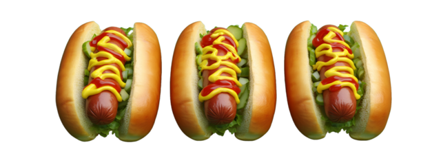 3 separate hotdogs, hotdog should feature a juicy, perfectly grilled sausage nestled in a soft, slightly toasted bun