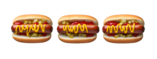 3 separate hotdogs, hotdog should feature a juicy, perfectly grilled sausage nestled in a soft, slightly toasted bun