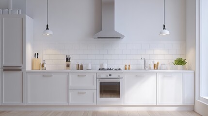 Modern white kitchen with appliances and utensils on hardwood floor. Sink, stove, oven with hood. Cozy cooking space in contemporary apartment.