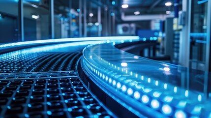 Fototapeta premium A blue lighted conveyor belt with a blue background