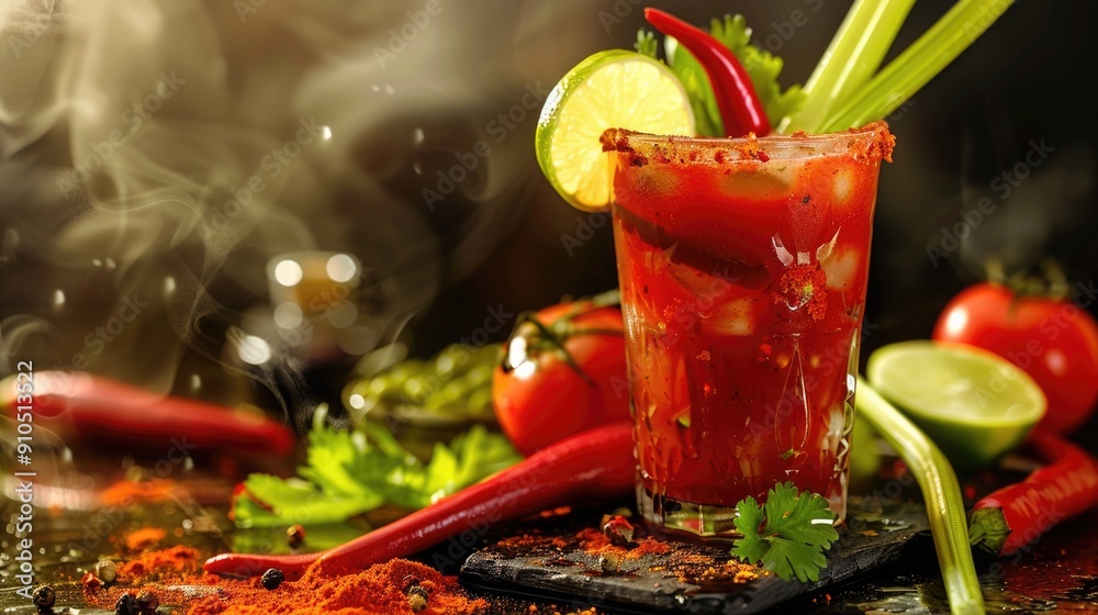 Poster a glass filled with red liquid and a slice of lime on the rim, perfect for a drink or garnish