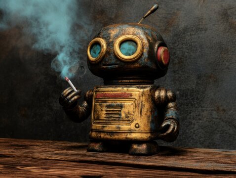 Rustic vintage robot holding a smoking cigarette in moody textured background evoking nostalgia and steampunk themes
