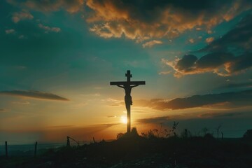 A person is crucified against a dramatic sunset backdrop, conveying themes of sacrifice and redemption