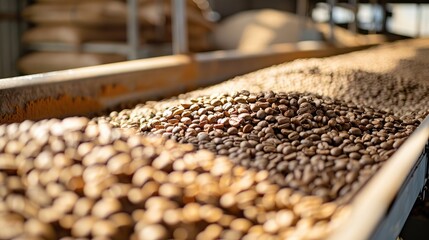 Obraz premium A conveyor belt with different types of coffee beans. The beans are spread out and appear to be in various stages of processing