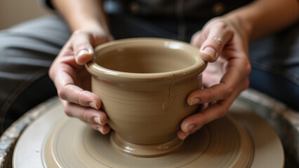 A close-up of hands shaping a clay pot on a pottery wheel, capturing the intricate process of craftsmanship and creativity, with a focus on the clay and hands.