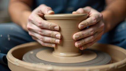 A close-up of hands shaping a clay pot on a pottery wheel, capturing the intricate process of craftsmanship and creativity, with a focus on the clay and hands.
