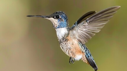 Fototapeta premium A hummingbird flaps its wings against a blurry green-brown-blue background