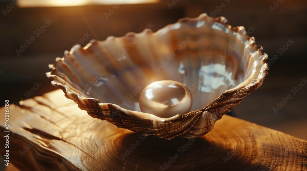 Aufkleber a single pearl sitting inside its shell on a wooden table, ready for display or use