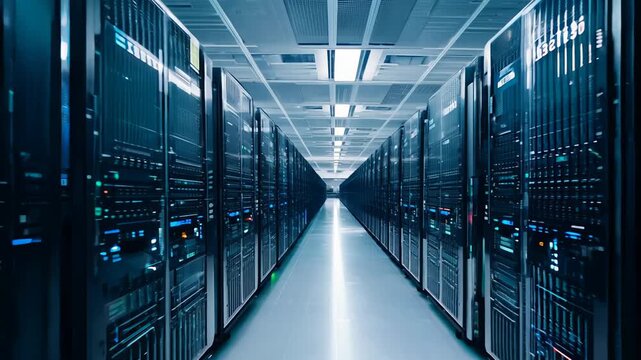 An interior view of a data center with rows of server racks and bright lighting.
Concept: data storage, internet server hardware, cloud computing