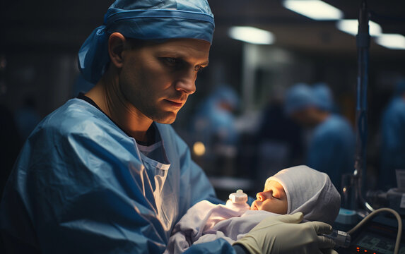 Medical professionals attend to a newborn baby in an operating room shortly after birth, ensuring the baby's health and providing immediate care