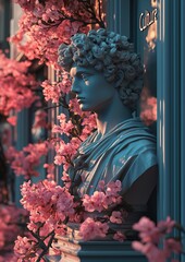 Antiqe Statue of Greek God with pink flowers.