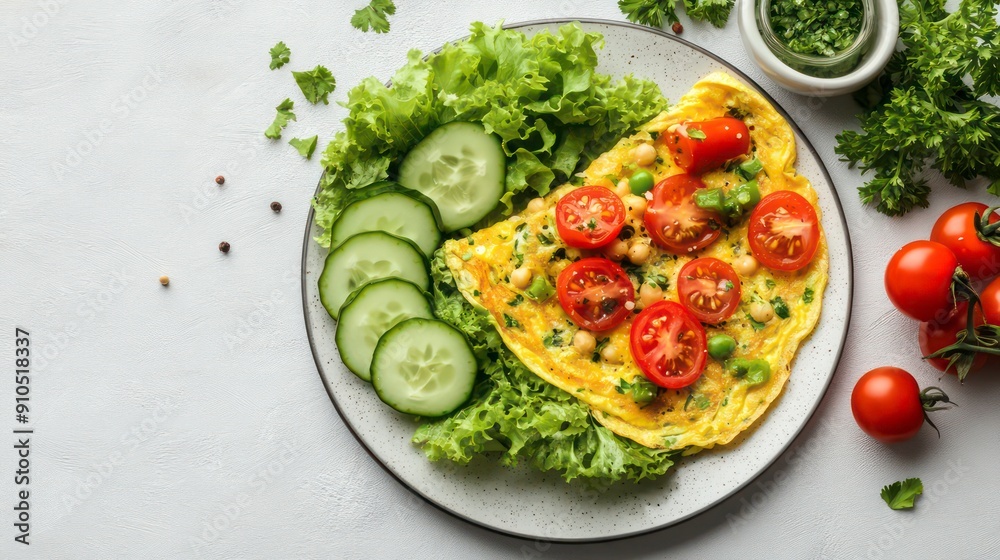 Poster Omelette with tomatoes, cucumber and lettuce on a plate.