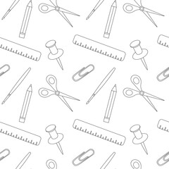 Seamless back to school pattern, school supplies, office items. Background in black and white, doodle style.