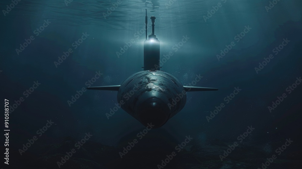 Poster A submarine partially submerged in water with a bright light shining on it, suitable for use in nautical or scientific contexts