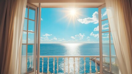 Fototapeta premium Open window with sheer curtains revealing a breathtaking seascape.