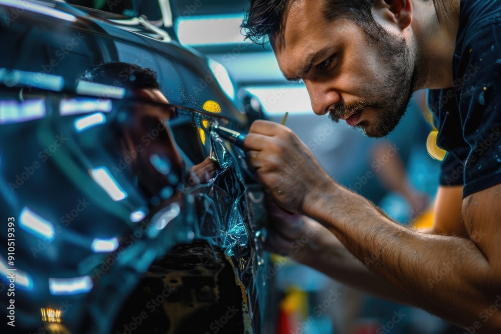 Poster A person fixing a vehicle in a home workshop setting