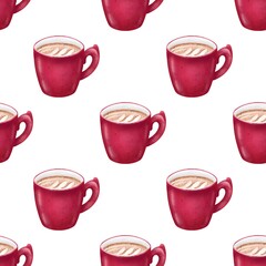 Seamless pattern watercolor red  cup of coffee illustration isolated on white background.Cozy cappuccino in autumn  on white background.
