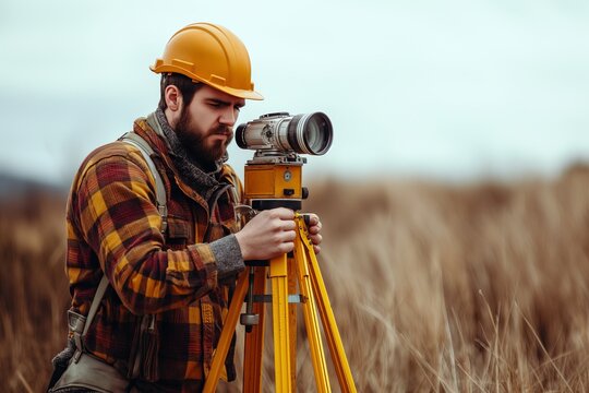 Surveyor or engineer working with theodolite on the field