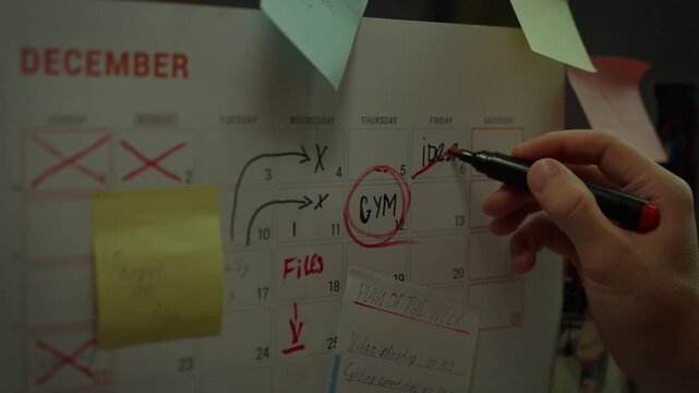 Close up of planning calendar. Hand of white male writing notes in weekly planning calendar. Planning work week setting goals. Motivation and planning goals to accomplish plan