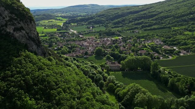 Panoramic view of the small town of saou in the Drome department in France of the Vercors hills, the marly hills and the Val de Drome valley. The Saou forest in France, at 7 JUly 2024