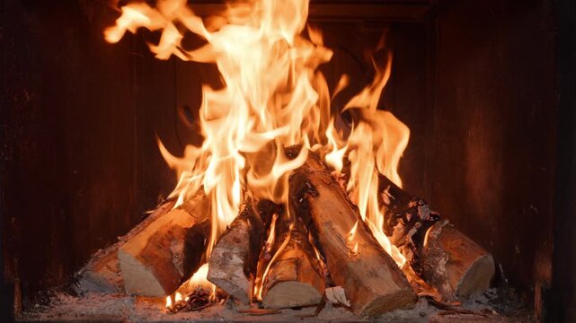4K - A huge fire in the fireplace