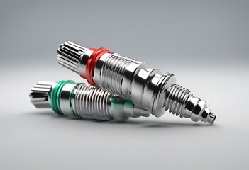 new pair plugs background spark white isolated render d plug ignition metal part steel vehicle car three-dimensional chrome coil accessory automobile closeup