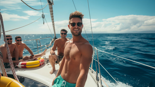 A vibrant group of energetic and young men are sharing unforgettable moments filled with laughter and joy during an exciting sailing trip, all set against a stunningly picturesque ocean backdrop