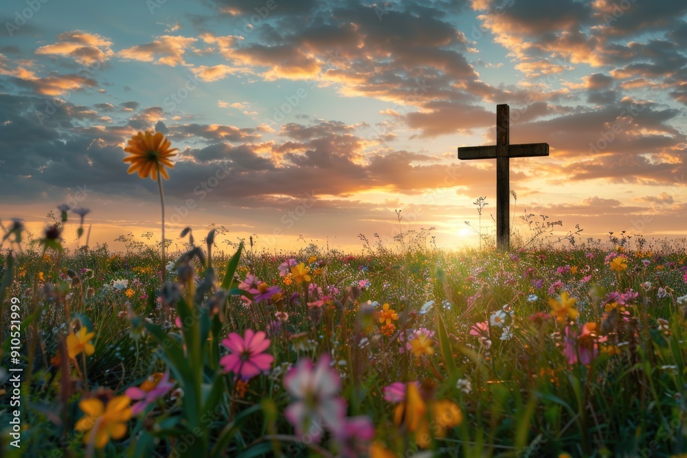 Poster a cross standing in a field of colorful flowers