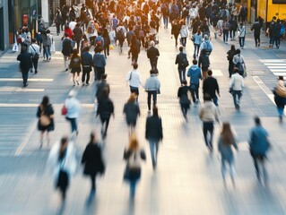 Crowd of people walking on city street during busy rush hour creating urban hustle and bustle