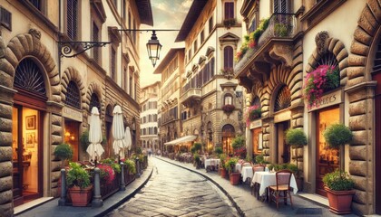 Obraz premium A alleyway in Florence, with classic buildings feature ornate facades and balconies with flowers