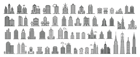 Cartoon buildings line icons set. City real estate urban architecture, skyscraper office hotel downtown vector illustration