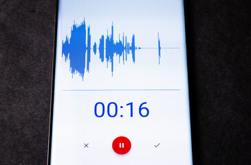 Voice recorder on a smartphone. Voice recording wave on the screen of a smartphone. Recording...
