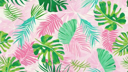  Pink and green tropical print wallpaper with palm leaves and pink background, featuring green and pink accents