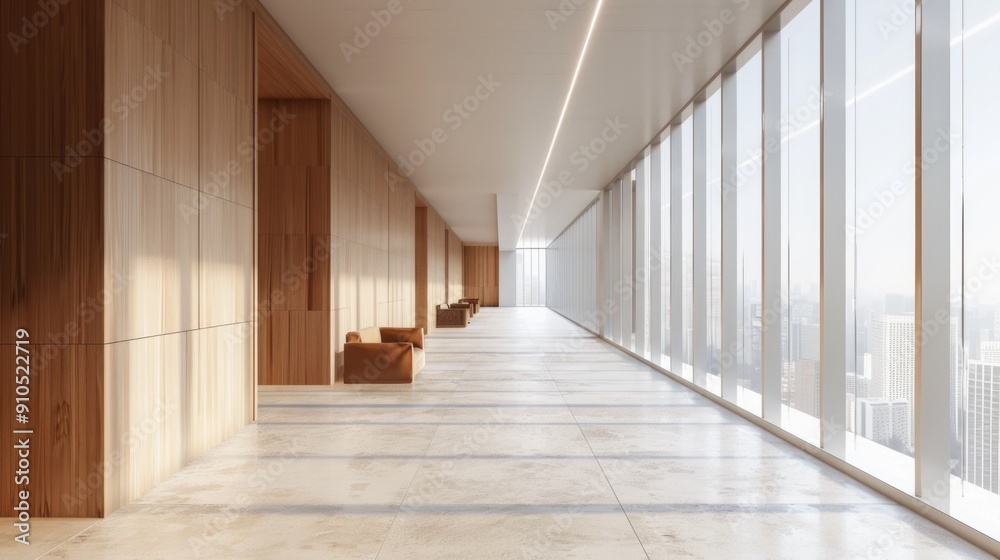 Poster a long hallway with numerous windows, ideal for interior design and architecture illustrations