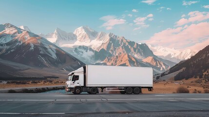 A white semi-truck drives down a paved road through a mountain pass, with a blue sky and puffy white clouds in the background.