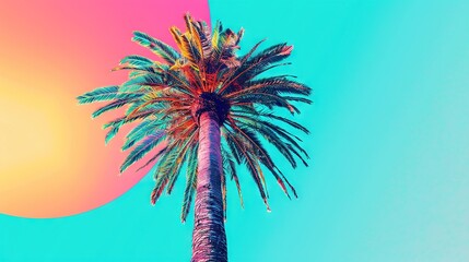 Obraz premium Palm tree in pink-blue background with half moon center