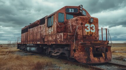 Obraz premium Rusty locomotive parked on railroad tracks under a stormy sky.