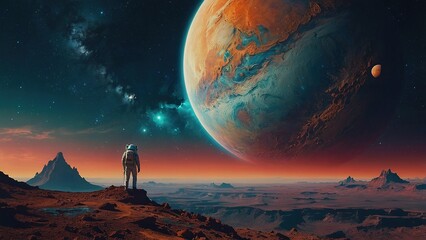 Astronaut Standing on Mars Terrain Gazing at a Large Planet in the Night Sky