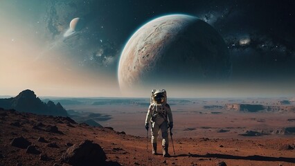 Obraz premium Astronaut Standing on Mars Terrain Gazing at a Large Planet in the Night Sky