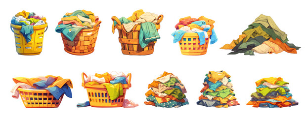 Cartoon dirty laundry set. Basket with messy clothes and piles with stains, towels t-shirts and pants heaps vector illustration