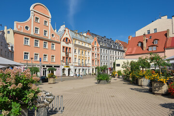 View of medieval street in old town of Riga. Old historical Tirgonu street in downtown Riga, Latvia.