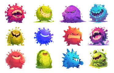 Cartoon evil bacteria set. Angry virus, pathogen and germ characters, flu infection monsters microbe cells vector illustration