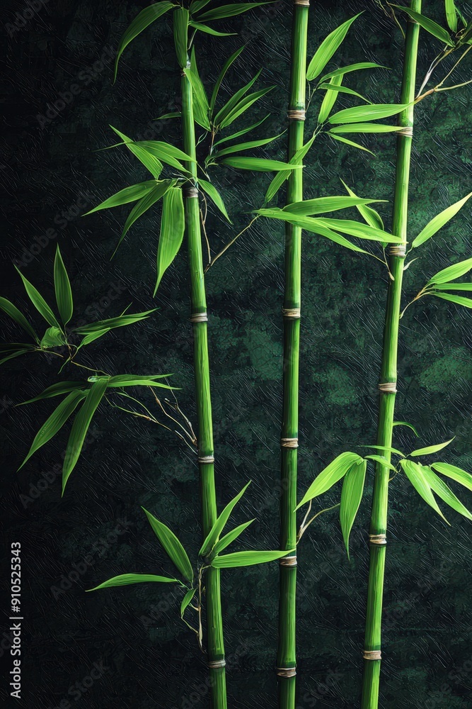 Poster bamboo stalks with vibrant green leaves thrive against a dark textured backdrop, creating a tranquil
