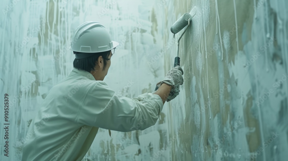Poster a worker in a hard hat paints a wall with a roller, providing a clean and safe work environment