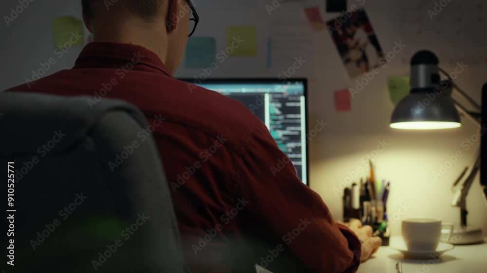 Wall mural developer. experienced specialist carefully development optimization of algorithms in the workplace.