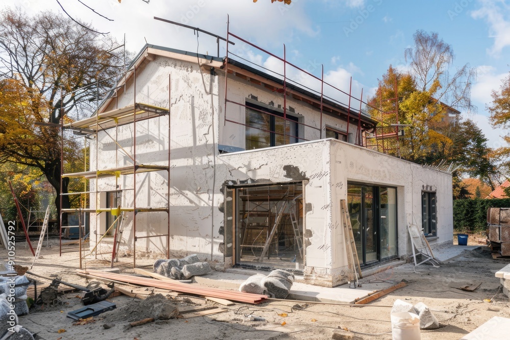 Poster A house under construction with scaffolding and scaffolding around it