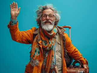 Happy bearded grandfather traveler with suitcase and backpack on blue background.