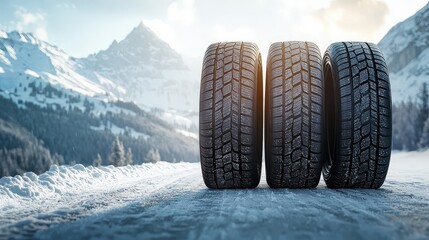 Three winter tires positioned on a snow-covered road with majestic mountains in the background under bright sunlight