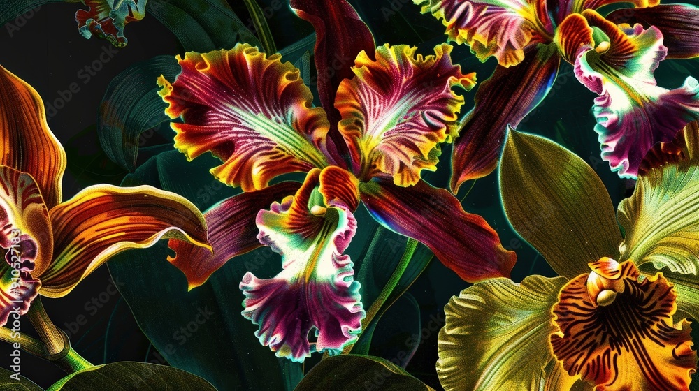 Leinwandbilder Colorful orchids showcase intricate petals and patterns, creating a striking visual effect in a beautifully arranged botanical setting